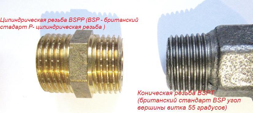 Цилиндрическая резьба ( BSPP где BSP — брит. ст. вершина витка 55º, где P — цилиндрическая ). Коническая резьба ( BSPT где BSP — брит. Ст. вершина витка 55º, где T — коническая ) Цилиндрическая резьба ( BSPP где BSP — брит. ст. вершина витка 55º, где P — цилиндрическая ). Коническая резьба ( BSPT где BSP — брит. Ст. вершина витка 55º, где T — коническая )