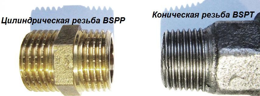 Цилиндрическая резьба ( BSPP где BSP — брит. ст. вершина витка 55º, где P — цилиндрическая ). Коническая резьба ( BSPT где BSP — брит. Ст. вершина витка 55º, где T — коническая ) Цилиндрическая резьба ( BSPP где BSP — брит. ст. вершина витка 55º, где P — цилиндрическая ). Коническая резьба ( BSPT где BSP — брит. Ст. вершина витка 55º, где T — коническая )